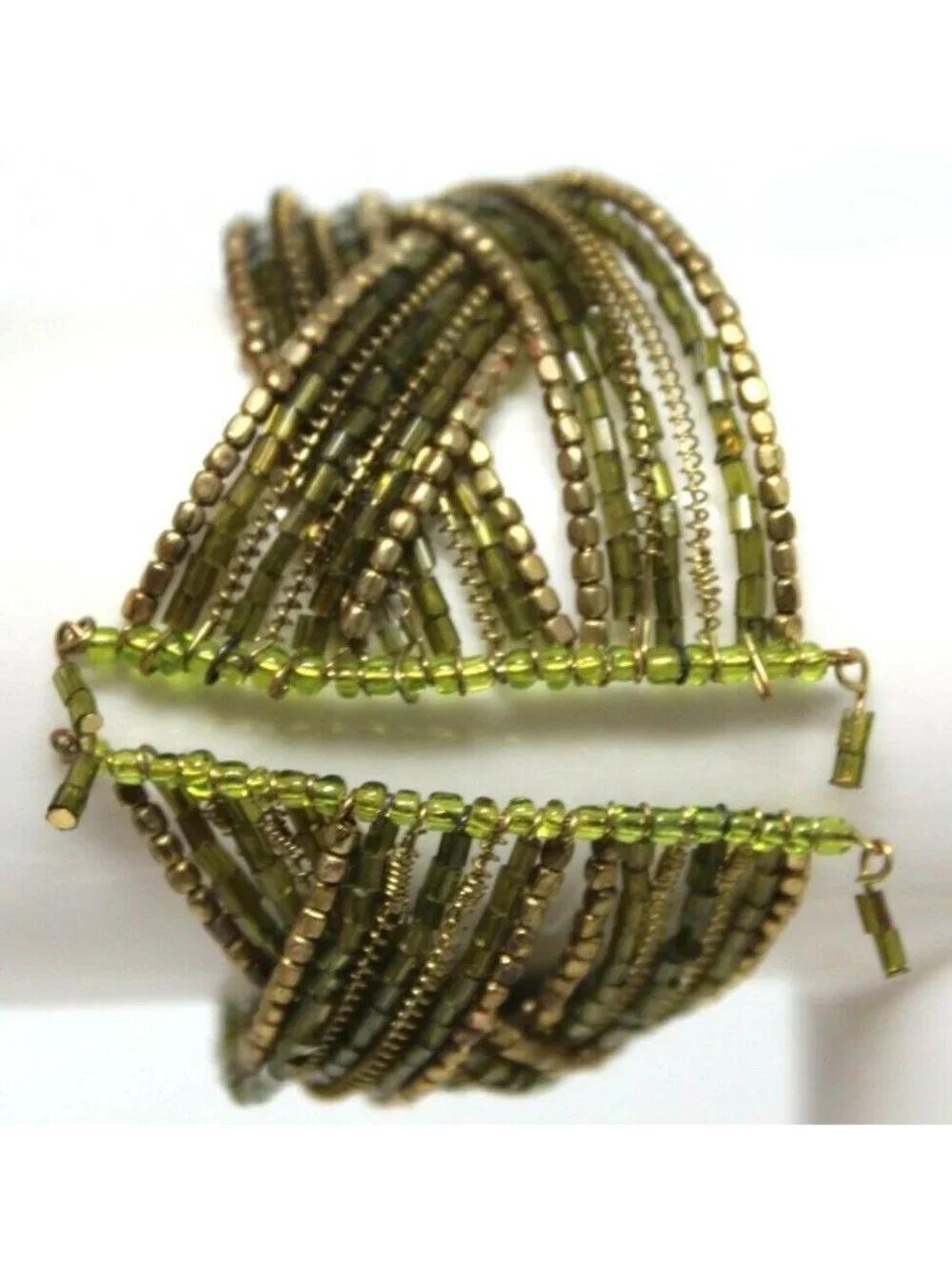 Shades of Brown & Green Bead Braided Flexible Wide Cuff Bracelet 7 1/2" L #J-7WP - Picture 5 of 6